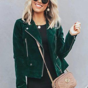 Forest Green Velvet Moto Jacket